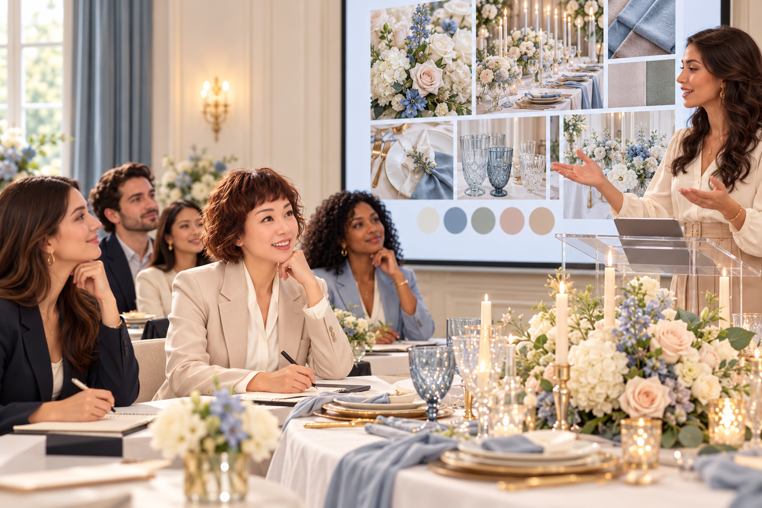 Student presenting a wedding table design with a mood board projected behind her