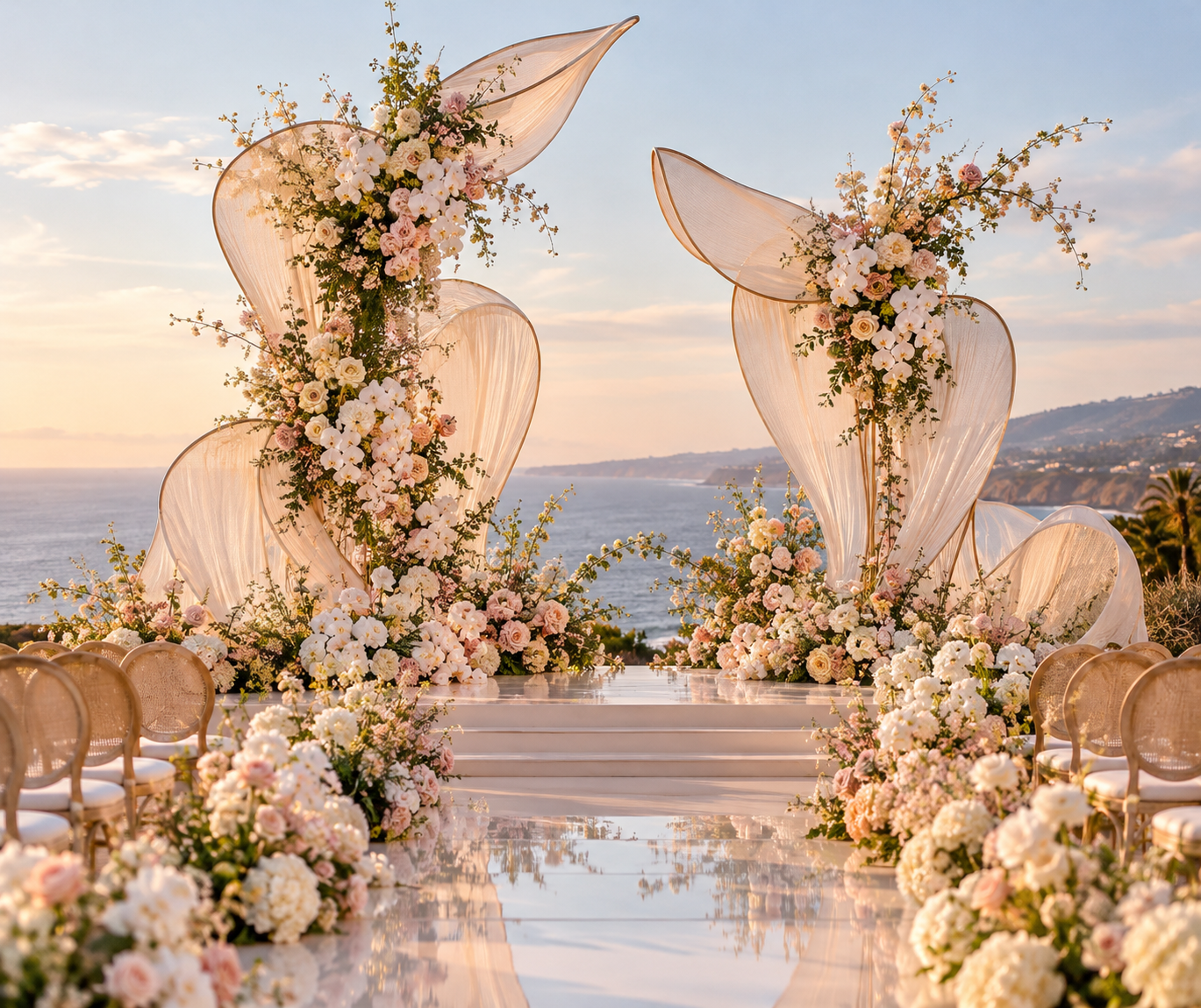 Floral ceremony altar overlooking the ocean at sunset