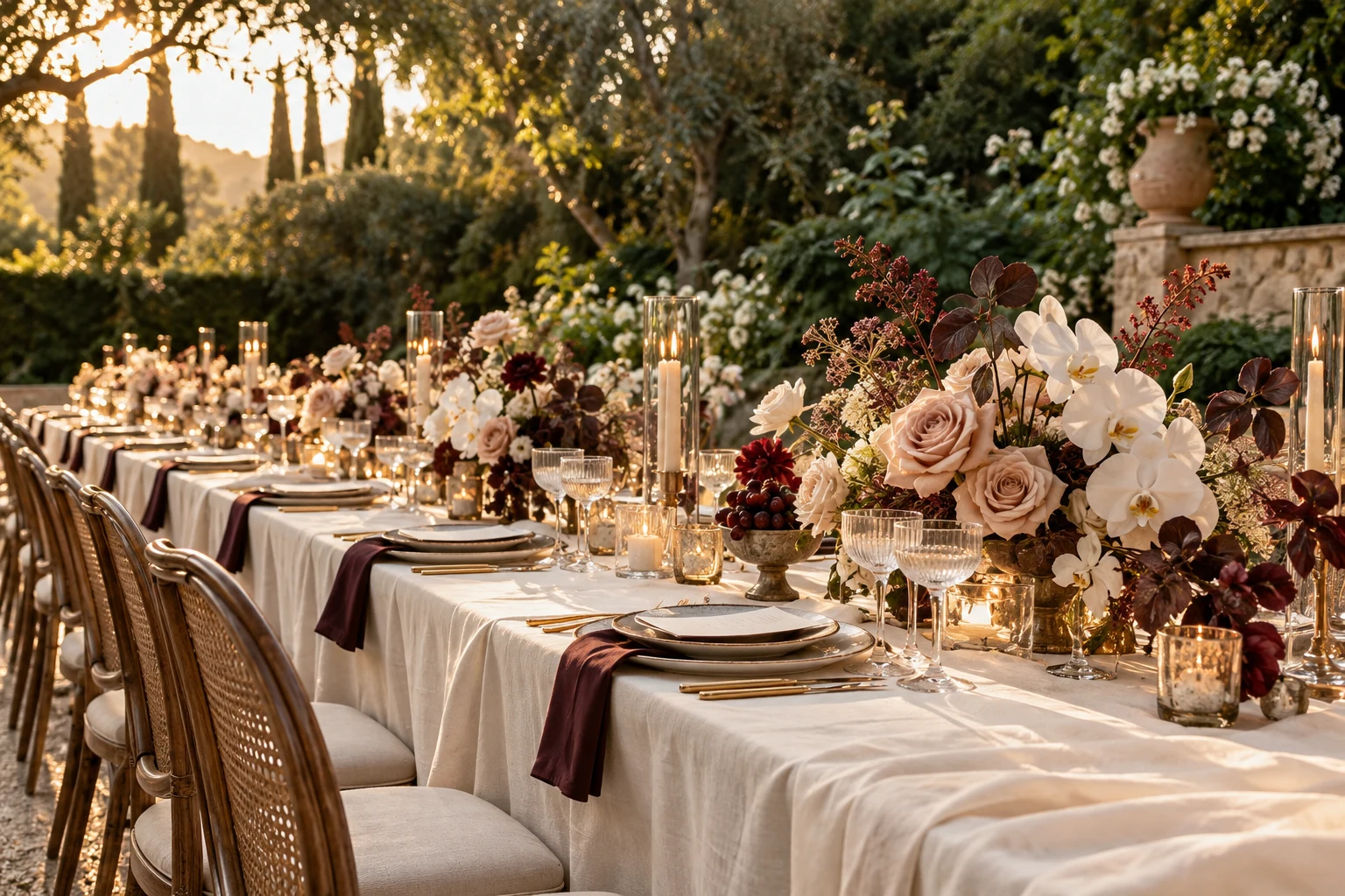 An elegant garden reception with white linens, champagne flowers and softly glowing candles